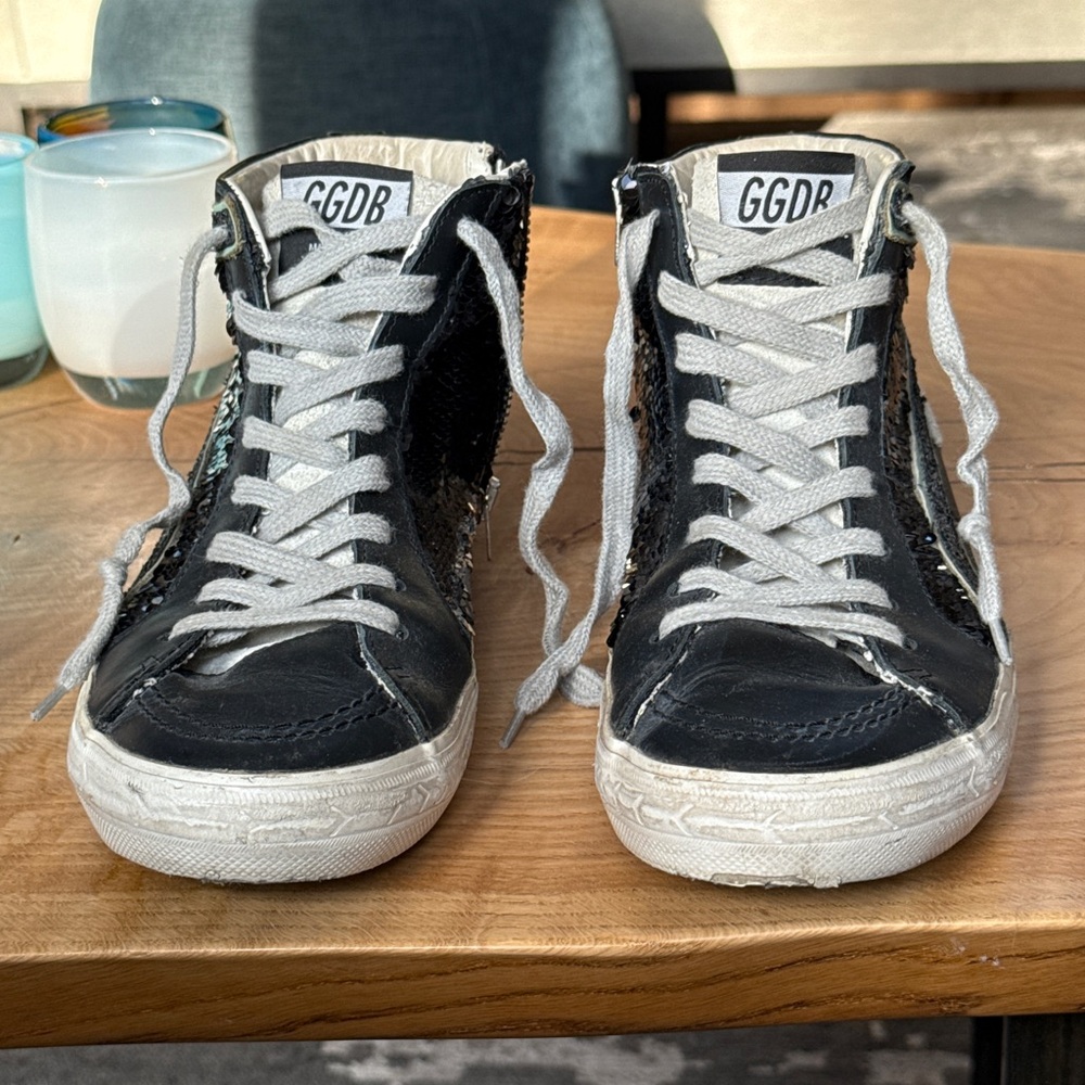 Golden goose authentic hightop leather glitter sneakers. Navy size 39